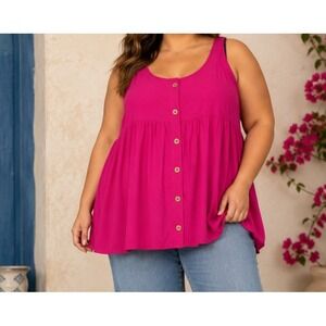 NEW Terra & Sky Tank Top Linen Blend Womens 2X Pink Button Sleeveless Babydoll